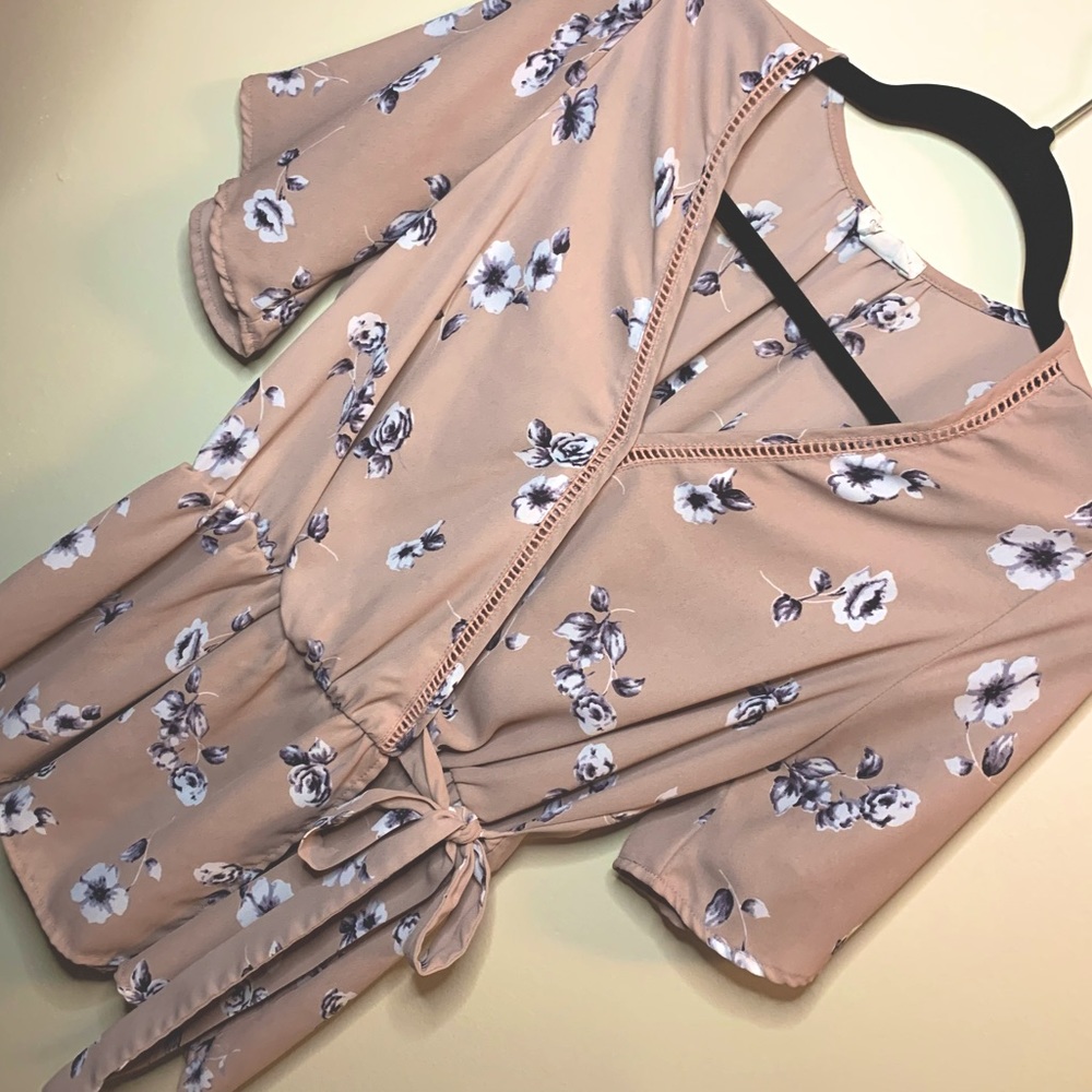 Pink Floral Side Tie Blouse Size Medium